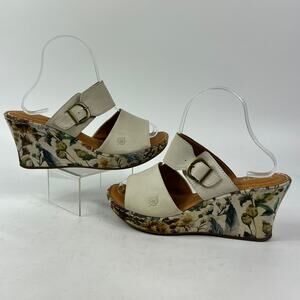 Born Womens 9M Floral Print Spring Canvas Wedge Sandals Leather 3.5″ Buckle
